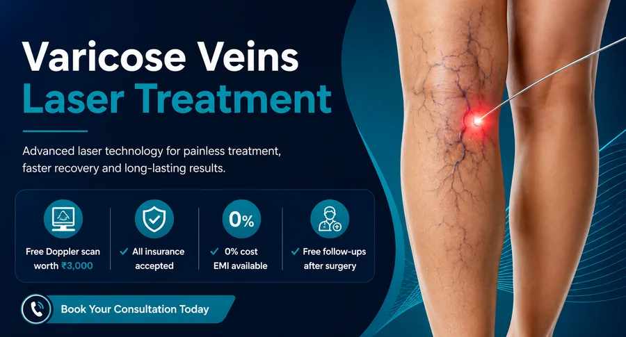Varicose veins laser treatment - free Doppler scan worth Rs 3,000, all insurance accepted, 0% cost EMI, free follow-ups after surgery